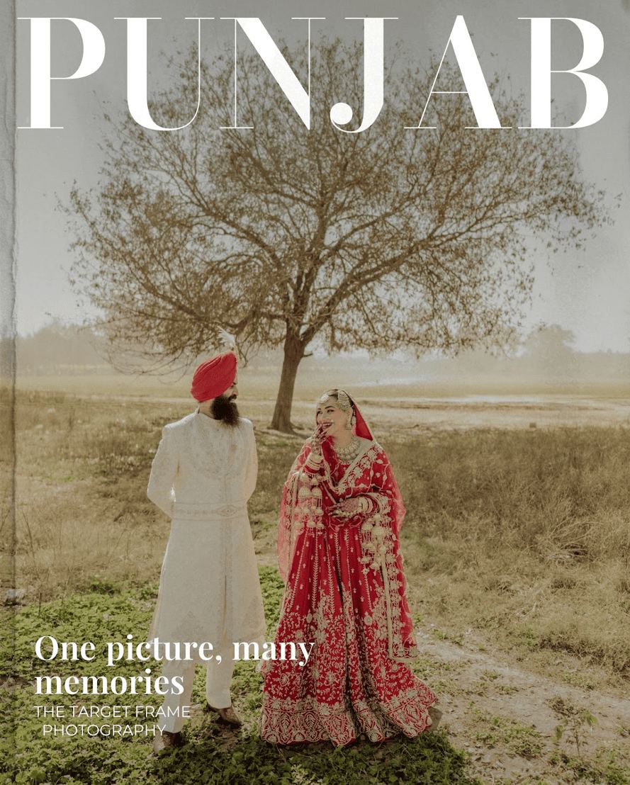 Sikh wedding couple walking in open field